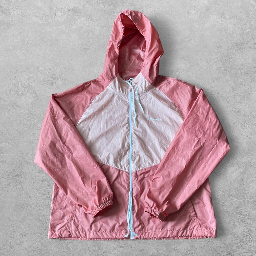 Columbia Women's Colorblock Hooded Windbreaker XL Pink White Gorpcore